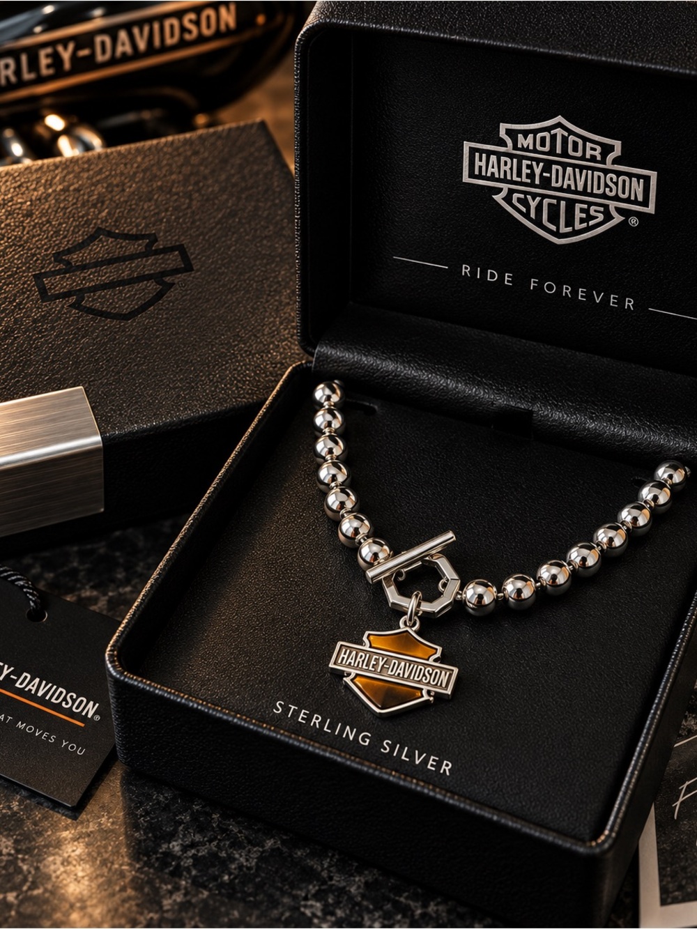 Harley-Davidson Sterling Silver Bead Necklace with Orange Shield Pendant